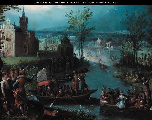 A river landscape with elegant figures boating - Louis De Caullery