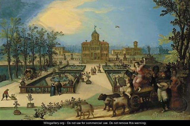 An ornamental garden before a renaissance manor, the Triumph of Spring in the foreground. - Louis De Caullery