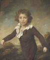 Portrait of a young boy, three-quarter length, in a brown coat and breeches, holding a skipping rope, in a wooded landscape - Lemuel-Francis Abbott