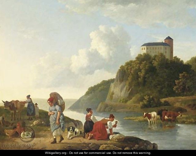 Washer women at a riverbank, a castle beyond - Leendert de Koningh