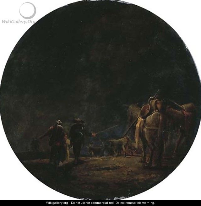 A moonlit landscape with travellers leading their pack mules, a resting goat herd beyond - Leonaert Bramer
