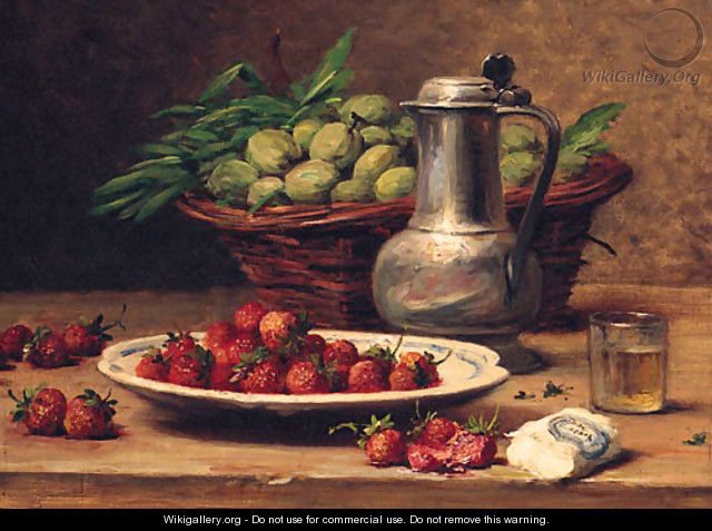 Plums In A Basket, Strawberries On A Plate, A Wine Glass, And A Pewter Jug On A Table - Leon Charles Huber
