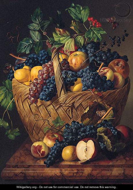 Grapes, Apples And Pears In A Basket With Berries And Butterflies On A Marble Ledge - Leopold Zinnogger