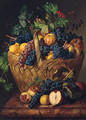 Grapes, Apples And Pears In A Basket With Berries And Butterflies On A Marble Ledge - Leopold Zinnogger