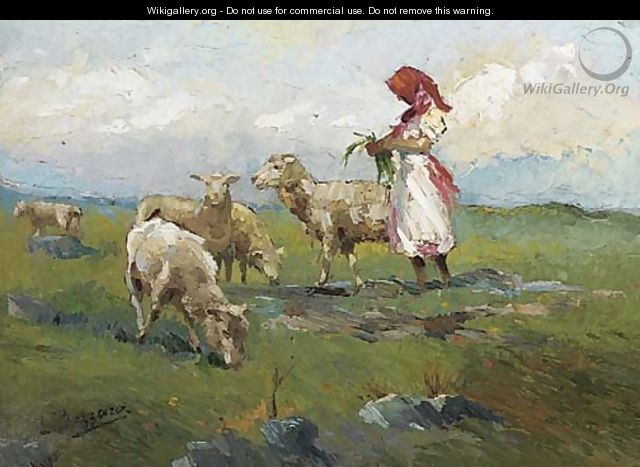 Una pastorella con pecore - Leonardo Bazzaro