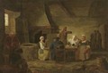 The interior of an inn with peasants seated by a table drinking tea - Leonard Defrance