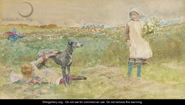 Children playing playing with a greyhound at the edge of a meadow - Lionel Percy Smythe