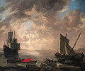 Sailors unloading cargo from a sailing vessel, moored on a Mediterranean shore, with a rowing boat and a three-master beyond, at dawn - Lieve Verschuier
