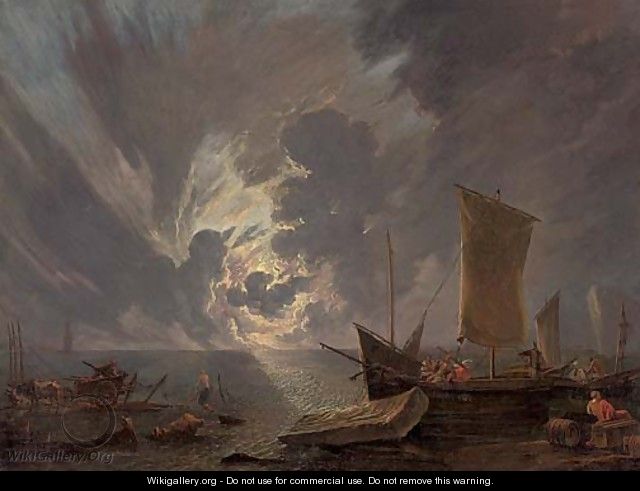 A coastal landscape at sunset with stevedores and shipping - Lieve Verschuier