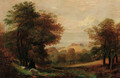 Sheep grazing in a wooded river landscape, a castle beyond - Lewis Hodgkinson