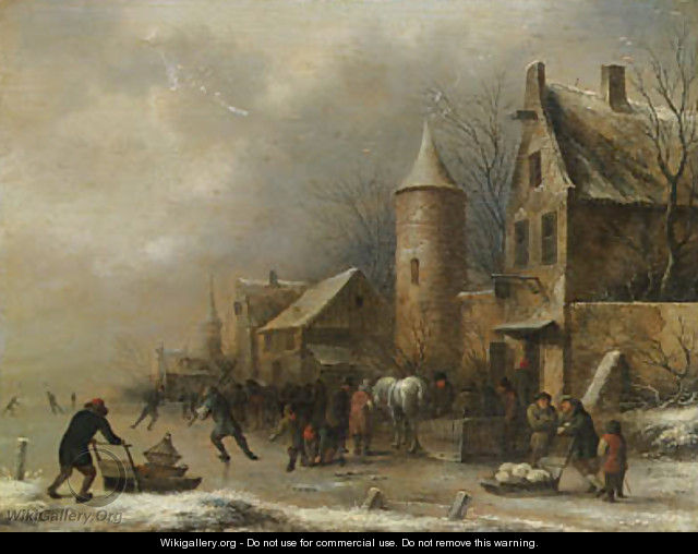 Peasants skating on a frozen river by an inn by a watchtower - Claes Molenaar (see Molenaer)
