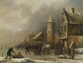 Peasants skating on a frozen river by an inn by a watchtower - Claes Molenaar (see Molenaer)