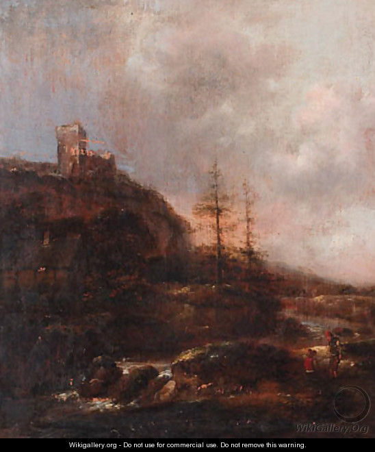 Boors on a riverbank near a waterfall, a ruined castle on a mountain beyond - Claes Molenaar (see Molenaer)