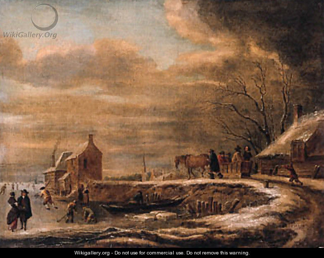 A winterlandscape with a horse-drawn sledge on a road by a farmhouse, kolfers and skaters on a frozen waterway nearby - Claes Molenaar (see Molenaer)