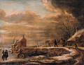 A winterlandscape with a horse-drawn sledge on a road by a farmhouse, kolfers and skaters on a frozen waterway nearby - Claes Molenaar (see Molenaer)