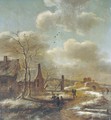 A winter landscape with travellers before a farm, a stone bridge beyond - Claes Molenaar (see Molenaer)