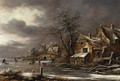 A winter landscape with skaters on a frozen river by a village - Claes Molenaar (see Molenaer)