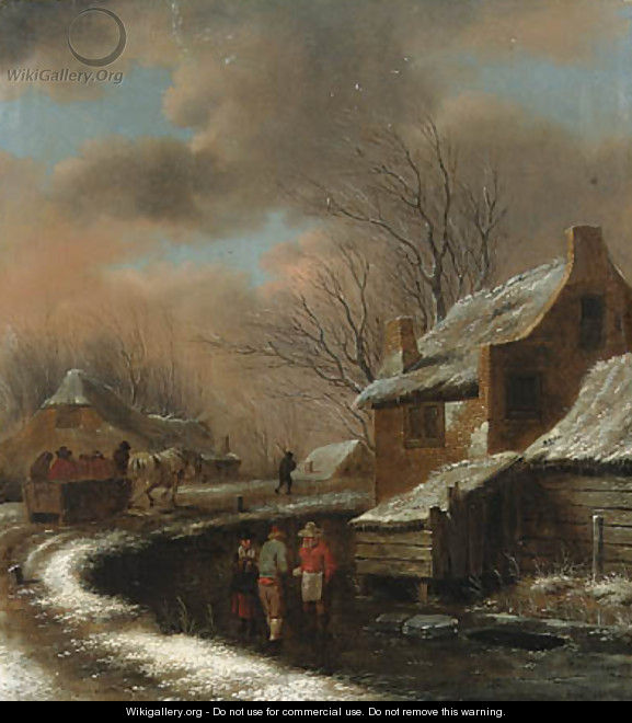 A Winter Landscape with Peasants in a Village, travellers in a cart on a path beyond - Claes Molenaar (see Molenaer)