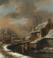 A Winter Landscape with Peasants in a Village, travellers in a cart on a path beyond - Claes Molenaar (see Molenaer)