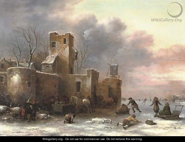 A winter landscape with figures skating outside a city wall - Claes Molenaar (see Molenaer)
