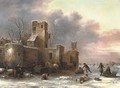 A winter landscape with figures skating outside a city wall - Claes Molenaar (see Molenaer)