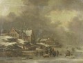 A winter landscape with figures skating on frozen water, a village nearby - Claes Molenaar (see Molenaer)