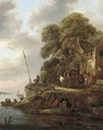 A river landscape with wagons and figures near an inn - Claes Molenaar (see Molenaer)