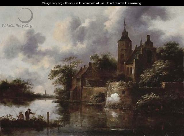 A river landscape with a rowing boat by a fortified town, anglers in the foreground - Claes Molenaar (see Molenaer)