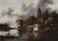 A river landscape with a rowing boat by a fortified town, anglers in the foreground - Claes Molenaar (see Molenaer)