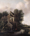 A fisherman in a rowing boat on a moat by a fortified mansion, peasants on a sandy track nearby - Claes Molenaar (see Molenaer)