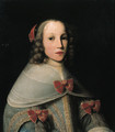Portrait of Elisabeth Pruys van Oswaert (-1683), half length, wearing a light blue brocade dress with lace collar and red bows - Lambert Doomer