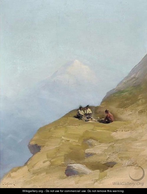 Sherpas round a campfire on a Himalayan mountainside - Lucien Lefevre
