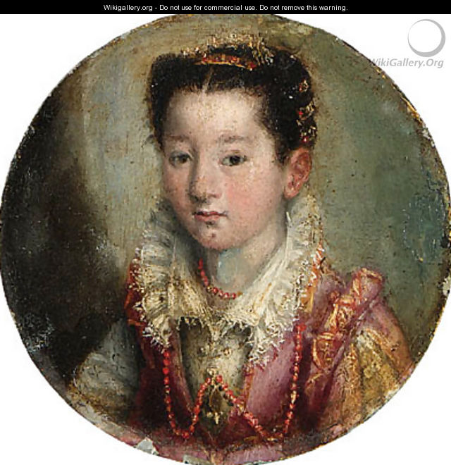 Portrait of a girl, bust-length, in a pink and white embroidered dress, wearing a coral necklace - Lavinia Fontana