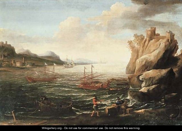 A Mediterranean coastal landscape with fishermen mooring their boats in the foreground and Levantine galleys beyond - Laureys A Castro