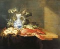 A lobster on a pewter plate, a crayfish, a vine decorating a Delft earthenware jug and a facon-de-Venise wine glass on a draped table - Laurens Craen