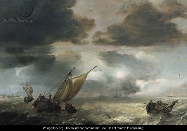 A wijdschip lowering sails with fishermen in a rowing boat hauling in their nets, as a storm approaches - Jan Porcellis