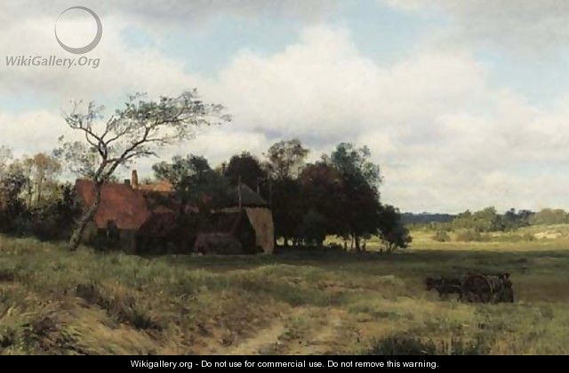 Heading home a farm amongst fields - Julius Jacobus Van De Sande Bakhuyzen