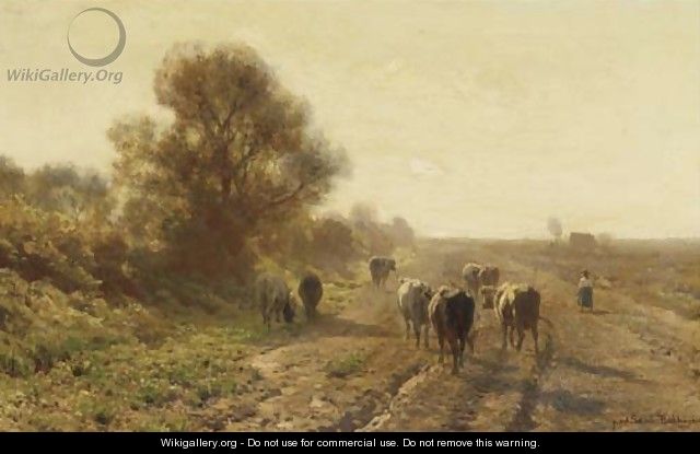 Guiding the cattle along a path on a sunny afternoon - Julius Jacobus Van De Sande Bakhuyzen