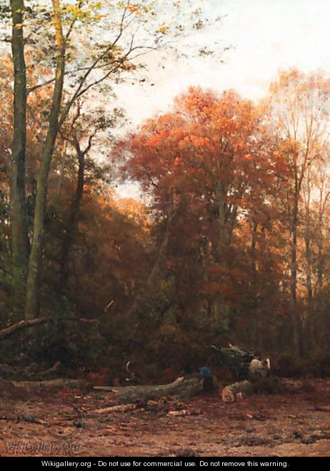 A woodcutter at work in a forest clearing - Julius Jacobus Van De Sande Bakhuyzen