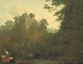 View of Hawthornden Castle with cattle drinking at a river and figures in the foreground - Julius Caesar Ibbetson