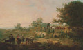 Travellers resting in a wooded river landscape, a horse-drawn covered wagon beyond - Julius Caesar Ibbetson