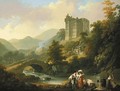 A view of Castle Campbell, Scotland, with washerwomen on the river bank in the foreground - Julius Caesar Ibbetson