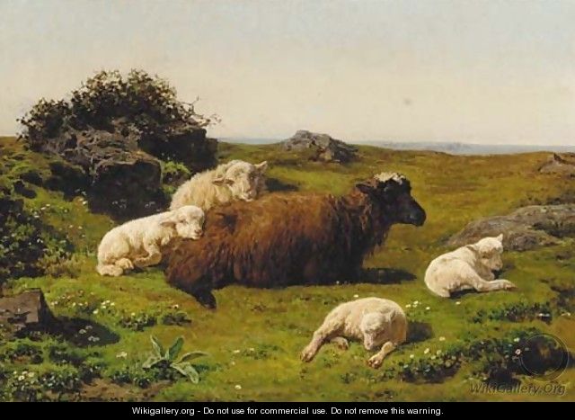 A sheep and lambs resting in a moorland landscape - Juliette Peyrol Bonheur
