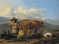 An Italianate landscape with a herdsman with cattle and a dog - Karel Dujardin