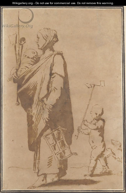 A mother carrying a child and kitchen utensils, followed by a boy and a dog - Jusepe de Ribera