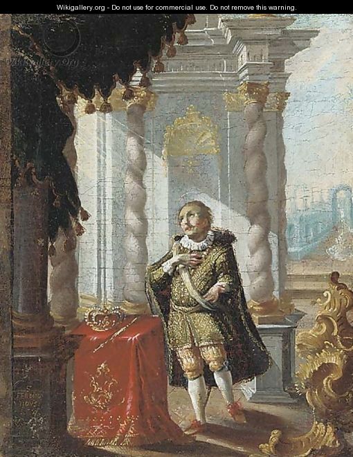 Saint Ferdinand of Castile, his crown and sceptre resting on a draped table, in a feigned border - Karel Skreta