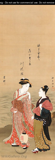 Geisha and attendant by a river - Katsukawa Shuncho