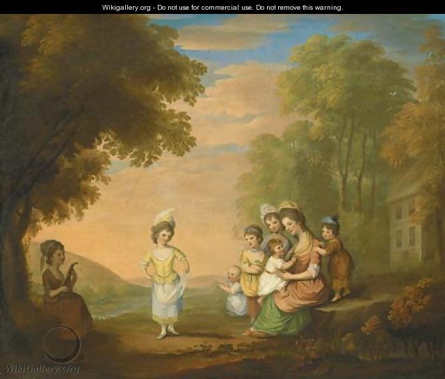 A lady and her children by a cottage in a landscape - Katherine Read
