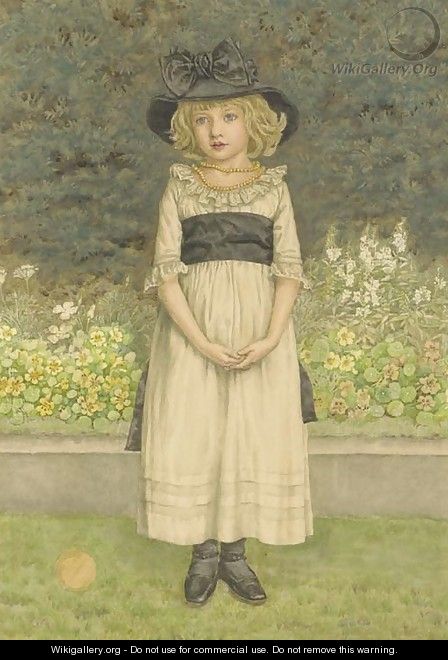 Study of a young girl in a garden, a border of nasturtiums and other plants beyond - Kate Greenaway