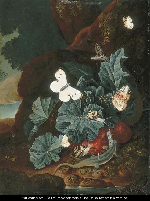 A forest floor still-life with a lizard, butterflies, snails and a snake - Carl Wilhelm de Hamilton